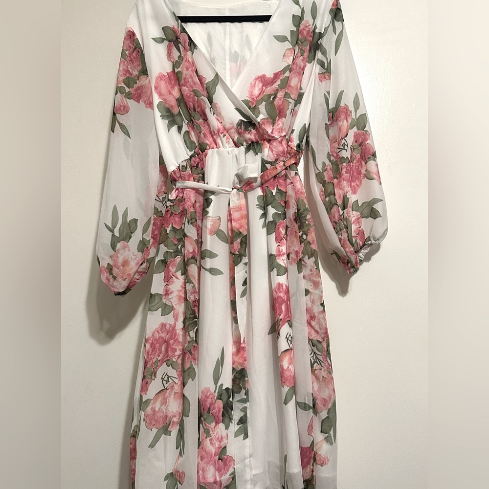 Floral Print White A-line Dress - 1X